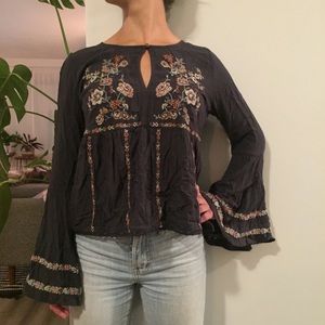 AEO Floral Embroidered Top with Bell Sleeves